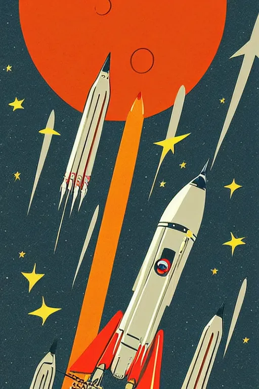 Prompt: poster art of a retro rocket launching. retro space art.