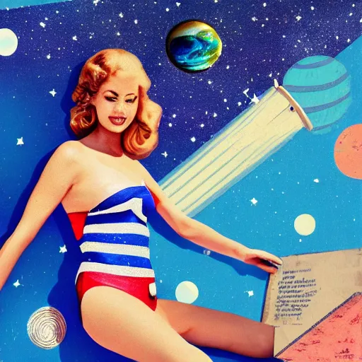 Image similar to vintage inspired, mixed media collage of a swimsuit model in space, full body, trending on art station, highly detailed, excellent composition