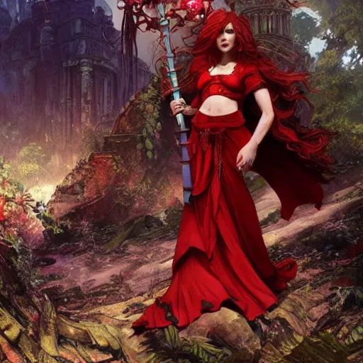 Prompt: a female draconic sorceress with curly red hair wearing a red dress and a red cloak exploring the ruins of an abandoned city in the jungle, fantasy, highly detailed, digital painting, artstation, concept art, character art, art by greg rutkowski and tyler jacobson and alphonse mucha