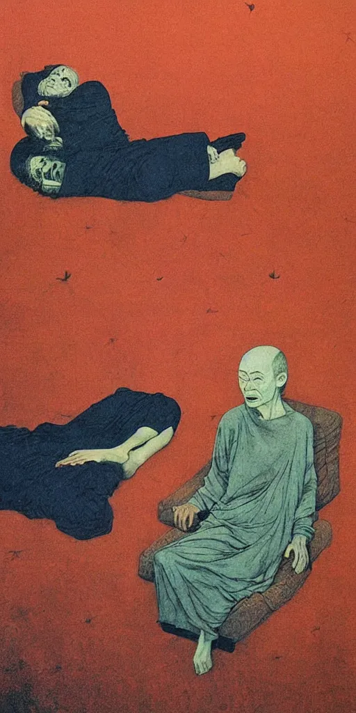 Image similar to early color photo of an old dead couple sitting on a couch in an old soviet apartment and looking at the scared enlightened boy flying up in sky, Beksinski impasto painting, part by Adrian Ghenie and Gerhard Richter. art by Takato Yamamoto, masterpiece