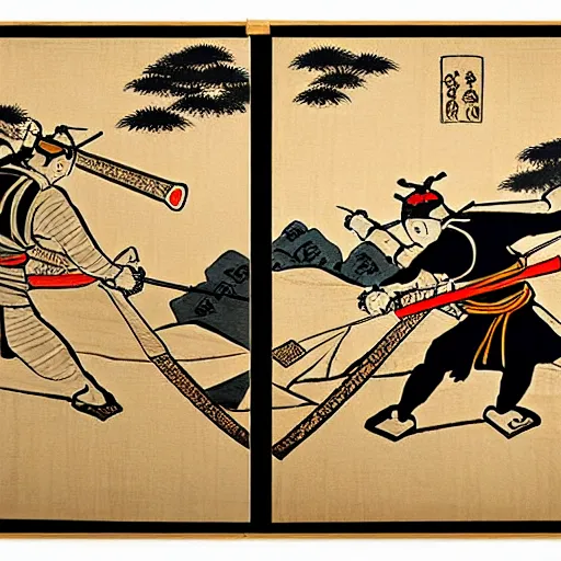 Image similar to two samurai battle each other with different banner, one with tortoise banner, one with wolf banner, wood block painting style, outline style, hand drawn style, hokusai style, circa 1 5 0 0 s, history, legendary battle, epic battle, breath taking, piece of history, museum collection, scretch, dust, grain, noise, on wood