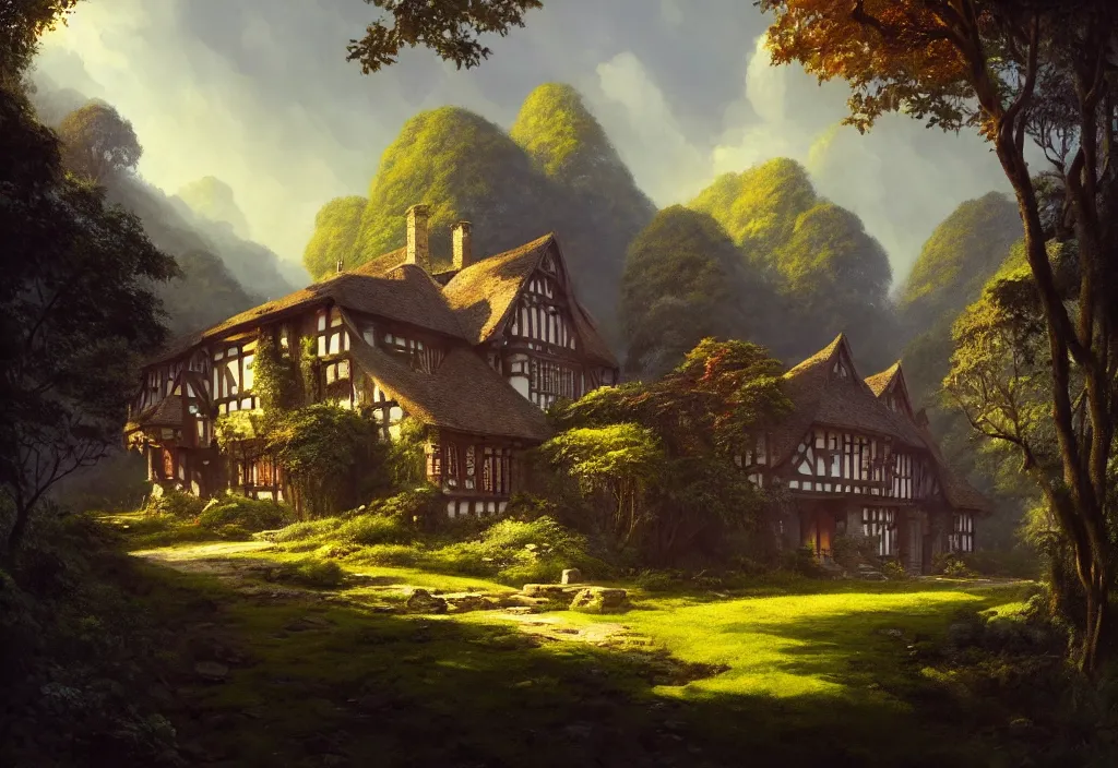 Image similar to a tudor house on a hillside surrounded by jungle with a gravel path leading towards it, blue sky, cinematic view, detailed architecture, concept art, high detail, well lit, volumetric, godrays, vivid, trending on artstation, by jordan grimmer, art greg rutkowski