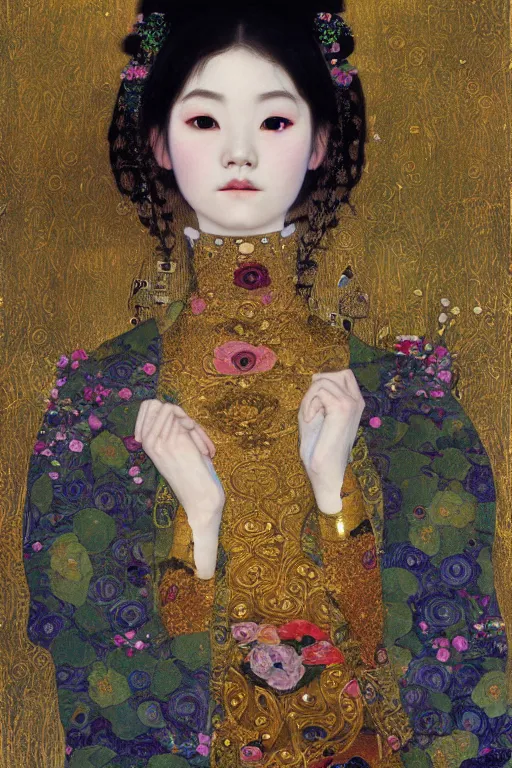 Image similar to portrait of beautiful young asian gothic maiden, highly detailed, artstation, illustration, art by Gustav Klimt