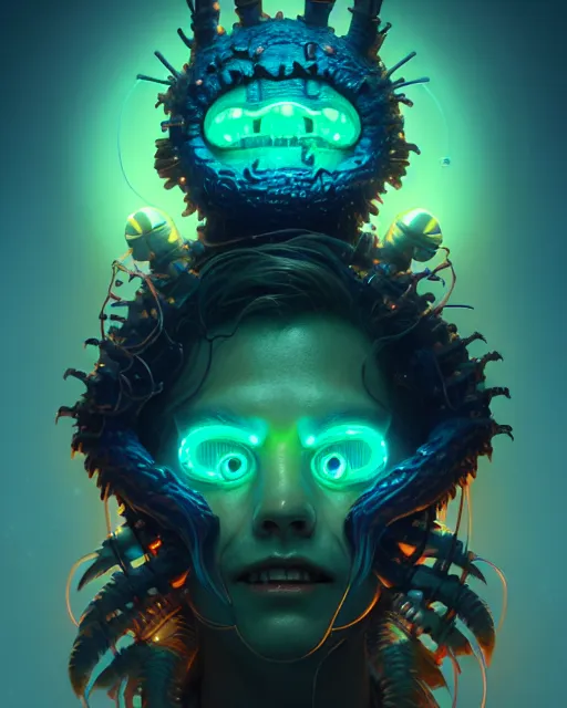 Image similar to portrait of a cute monster, male, bioluminescent, wires, horror, happy, highly detailed, digital painting, cinematic, hyperrealism, dark retrowave, art by stanley lau and artgerm and magali villeneuve and alphonse mucha, artstation, octane render, cgsociety