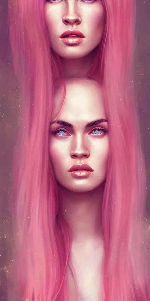 Image similar to Portrait of a beautiful pale skin Nordic female megan fox with long pink hair, elegant, photorealistic, highly detailed, artstation, smooth, sharp focus, gold ornaments, neon lighting, sci-fi, art by Klimt