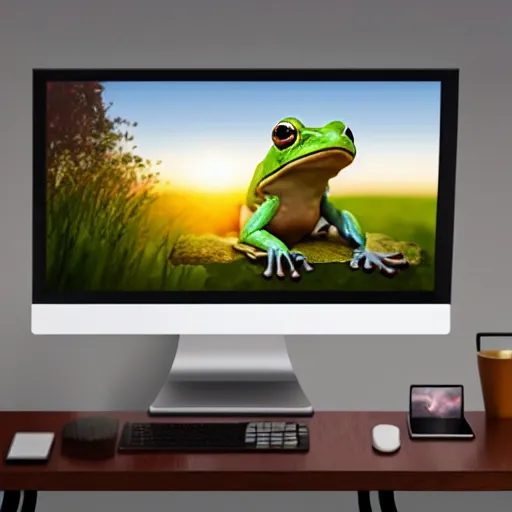 Image similar to frog on a beuatifull hill watching a sinset as he sits behind a computer, photorealistic