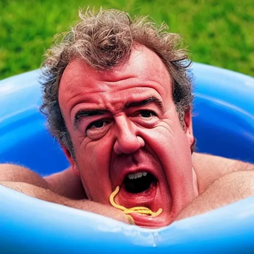 Image similar to jeremy clarkson angry screaming sitting in a paddling pool filled with spaghetti bolognese