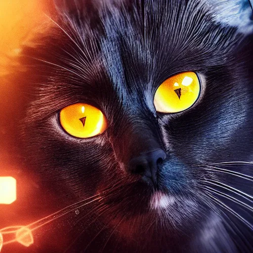 Image similar to black void cat with golden glowing eyes, fairytale, beautiful, intricate, elegant, ornate, super detailed, Octane render, reflections