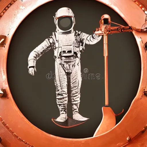 Image similar to early diving suit with copper helmet diver holding a stratocaster electric guitar on the moon. old diving suit pictures. old diving suit. old copper diving suit. old diving suit stock photos