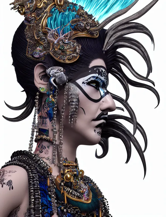 Image similar to 3 d goddess close - up profile portrait punk with mohawk with ram skull. beautiful intricately detailed japanese crow kitsune mask and clasical japanese kimono. betta fish, jellyfish phoenix, bio luminescent, plasma, ice, water, wind, creature, artwork by tooth wu and wlop and beeple and greg rutkowski