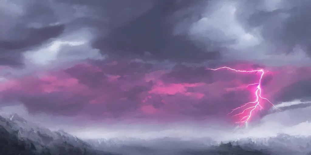Prompt: distant ruby lightning stormclouds far beyond a snowy mountain range, concept art