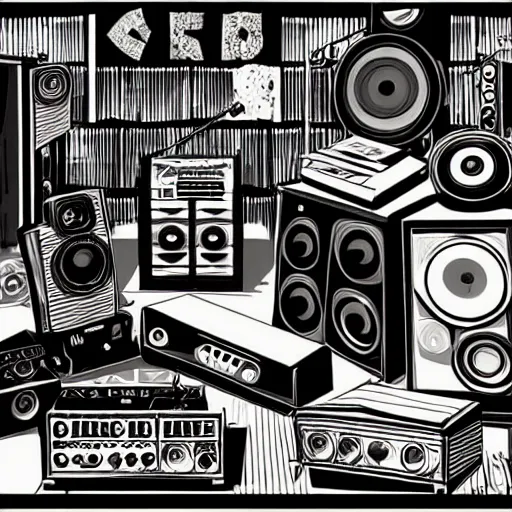 Prompt: detailed illustration of a music studio, radios, music vinyls, speakers. in the style of darwyn cooke. intricate details, beautiful.