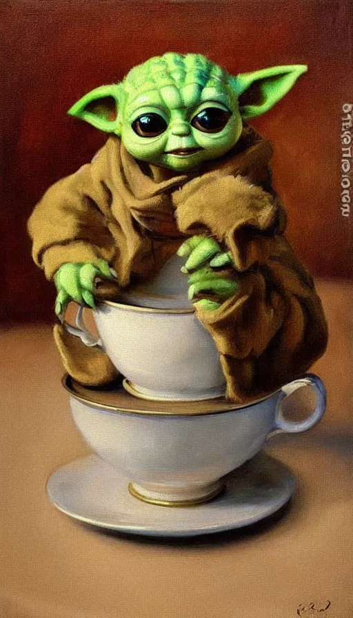 Prompt: painting of adorable furry baby yoda in a teacup, by peder krøyer, dramatic lighting, golden hour, adorable, intricate detail, canvas print