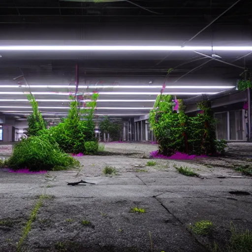 Prompt: a indoor abandoned parking lot with overgrown plants, magenta lighting, neon, cyberpunk, art by Simon Stalenhag, cinematic, 4k