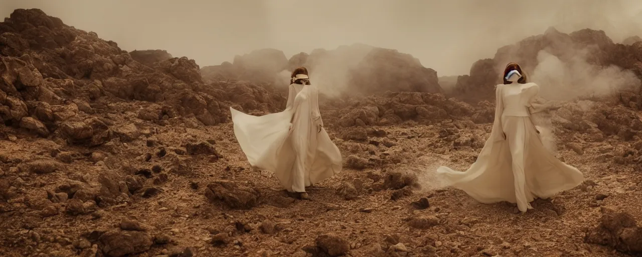 Image similar to The full body shot of beautiful pale woman with white flowers and full-face golden mask in a rocky desert landscape, a giant mirror and smoke around her, volumetric lighting, fire, multiple eyes and dry earth by Denis Villeneuve, Lubezki, Gaspar Noe and Christopher Doyle, anamorphic lens, anamorphic lens flares, kodakchrome, cinematic composition, practical effects, award winning photo, 8k