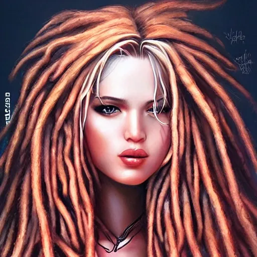 Image similar to a flawless female beauty with blonde and red dreadlocks by artgerm, dramatic lighting