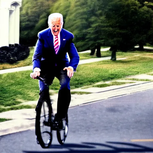 Image similar to ultra realistic photo of joe biden falling off of his bike, film, perfect face, in the style of a candid photo, perfect face