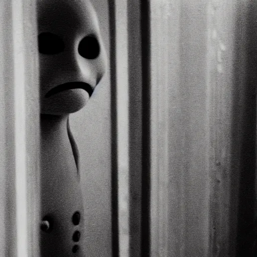 Prompt: humanoid ghost with an unnatural smile, it has huge eyes and is staring at the camera from the end of a dark hallway. caught on vhs, film grain,