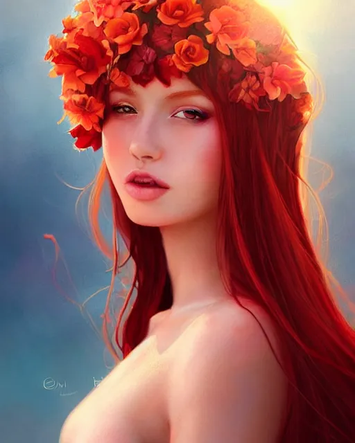 Prompt: red-haired summer beauty portrait, sunkissed skin, radiant light, flower couture, wlop and artgerm, warm glow, fantasy illustration