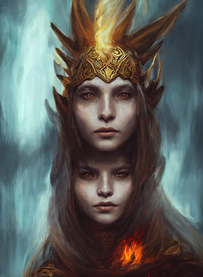 Image similar to a face portrait of a beautiful girl as a fire sorceress from skyrim, fantasy setting, beautiful face, serene colors, soft lighting, atmospheric, cinematic, moody, in the style of diego koi, gina heyer, luiz escanuela, art by alyssa monk, hyperrealism, rule of thirds, golden ratio, oil on canvas, 8 k