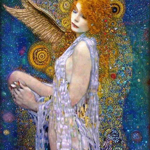 Image similar to dreamy angel, in the cosmos, 🌫🌌 intricate long shelve robes, intricate detail, klimt, royo,