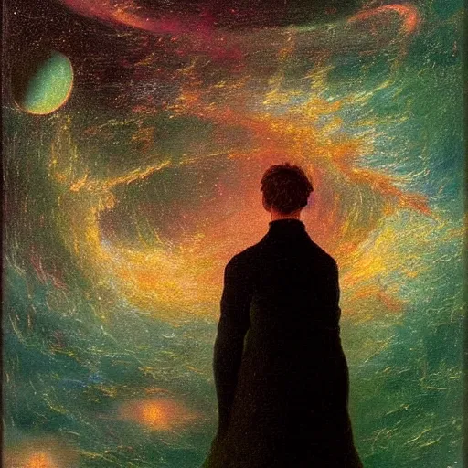 Prompt: an impasto oil painting of a futuristic wanderer gazing into a universe full of mystical colorful light nebulae and galaxie spainted by caspar david friedrich, pastel color scheme