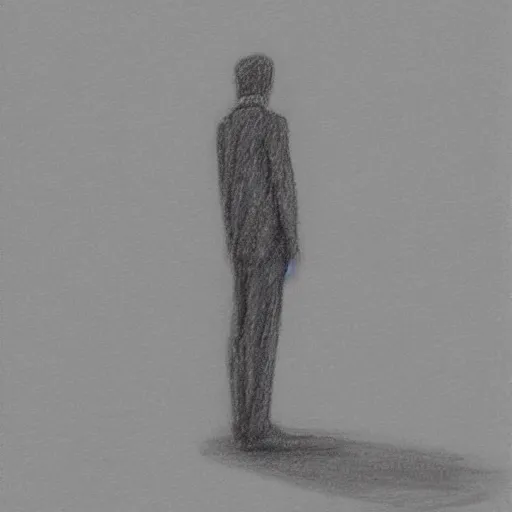 Prompt: the drawn man in jacket looks out into the black endless distance in the rain. pencil sketch - n 9