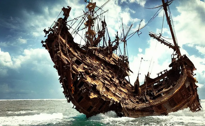 Image similar to “Pirate ship wreck falling from the sky, 4k, cinematic, award winning”