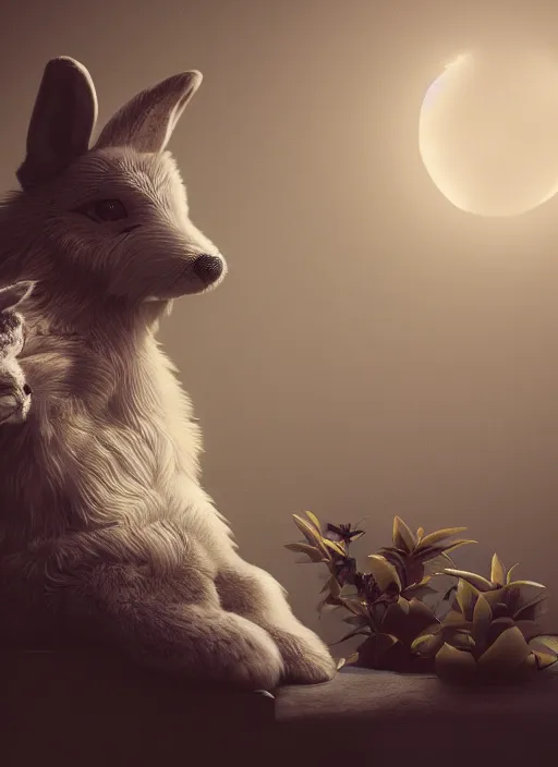 Image similar to A wolf in love with a rabbit, anime, detailed, symmetric lights and smoke, symmetrical composition, cinemática, hyper realism, 8k, octane render, 8k