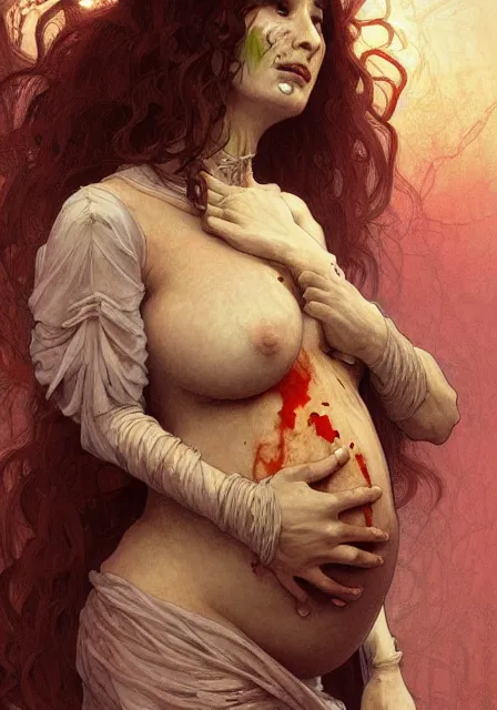 Image similar to pregnant mummy zombie, intricate, elegant, highly detailed, digital painting, artstation, concept art, smooth, sharp focus, illustration, art by artgerm and greg rutkowski and alphonse mucha and william - adolphe bouguereau