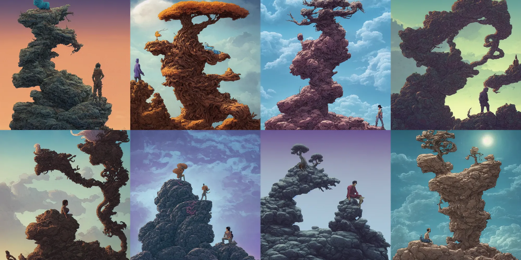 Prompt: a prince meditating on the top of a pile of rocks, a dead tree and swirly clouds in the background, art by James Jean and Wayne Barlowe and moebius, high details , cinematic, cgsociety 8k
