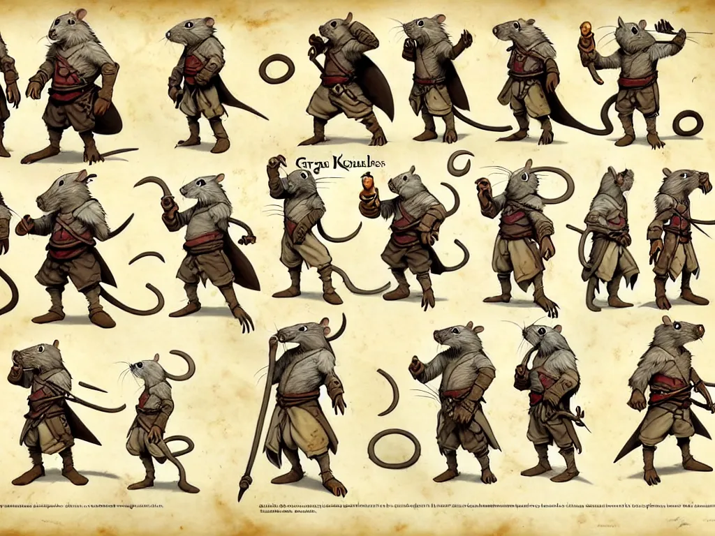 Image similar to character design sheet for a group of heroic rat pirates on a parchment background, redwall, greg rutowski and jean baptiste monge, very very detailed, epic fantasy concept art