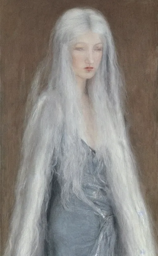 Prompt: who is this with silver hair so pale and wan! and thin!? petite female angel, wearing long silver robes, flowing hair, pale fair skin!!, young face, silver hair, covered!!, clothed!! lucien levy - dhurmer, jean deville, oil on canvas, 1 8 9 6, 4 k resolution, aesthetic!, mystery