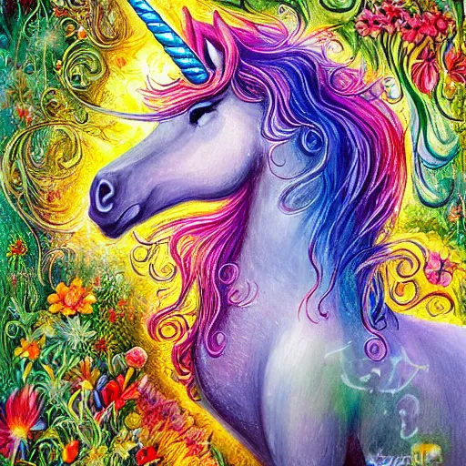 Prompt: beautiful unicorn with long flowing mane standing in field of flowers, detailed painting in the style of josephine wall 4 k