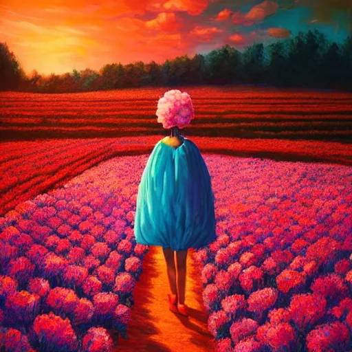 Image similar to girl with a giant carnation head, surreal photography, flower field, sunset dramatic light, impressionist painting, colorful clouds, blue sky, digital painting, artstation, simon stalenhag