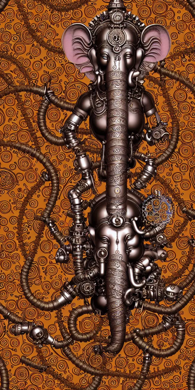 Image similar to seamless pattern of steampunk cybernetic biomechanical hindu god ganesha, symmetric, 3 d model, very coherent symmetrical artwork, unreal engine realistic render, 8 k, micro detail, intricate, elegant, highly detailed, centered, digital painting, artstation, smooth, sharp focus, illustration, artgerm, tomasz alen kopera, wlop