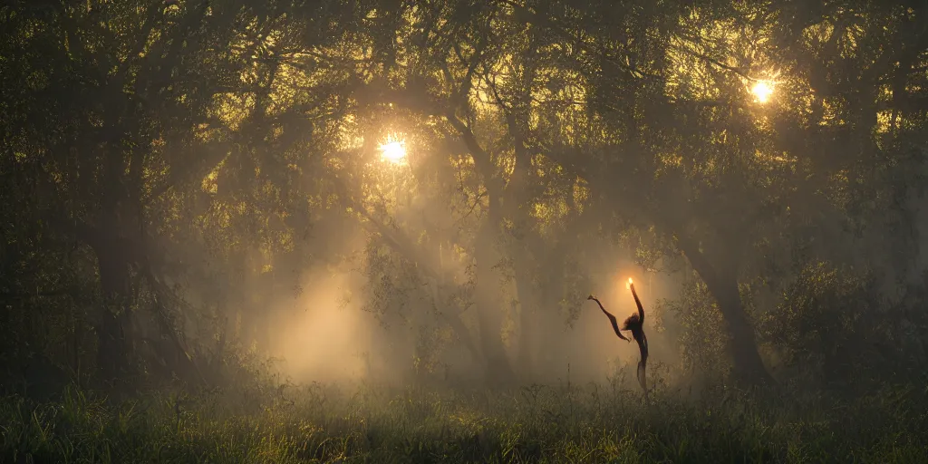 Image similar to misty swamp, hazy fog, sundown golden hour, early morning dance, fireflies and sparkling wisps, sun rays through trees, Lilia Alvarado, Sophie Anderson, Mark Arian, Bob Byerley, Charlie Bowater, Mark Brooks, Steve Henderson, Justin Gerard, Arthur Hughes, Edward Robert Hughes, Mark Keathley, Victor Nizovtsev, Carlos Shwabe, Ross Tran, WLOP