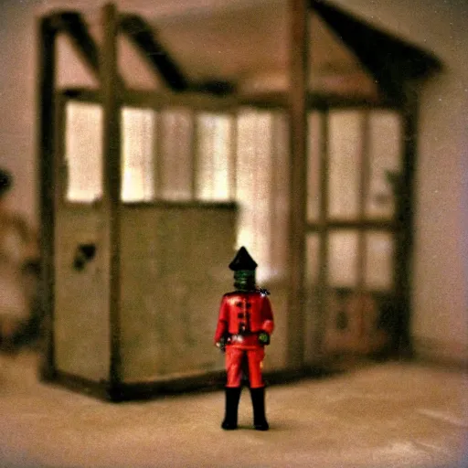 Image similar to toy soldier civil war inside abandoned dollhouse, 35mm grainy film photography