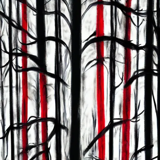 Image similar to a creature of your nightmares in a dark and twisted forest, horrifying, black and red colours, wispy fog, tall and ominous trees, accented paint strokes, detailed