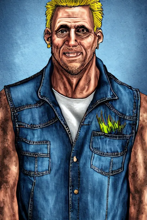 Image similar to portrait of a maniac wearing a denim vest named spike. exaggerated features. digital art. harsh lighting.