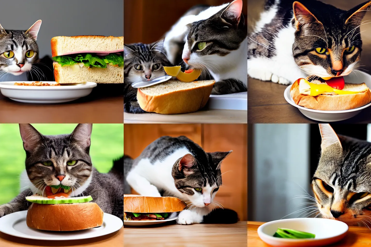 Prompt: cat eating a big sandwich from a bowl. Cat eating sandwich. Cat has food mouth.