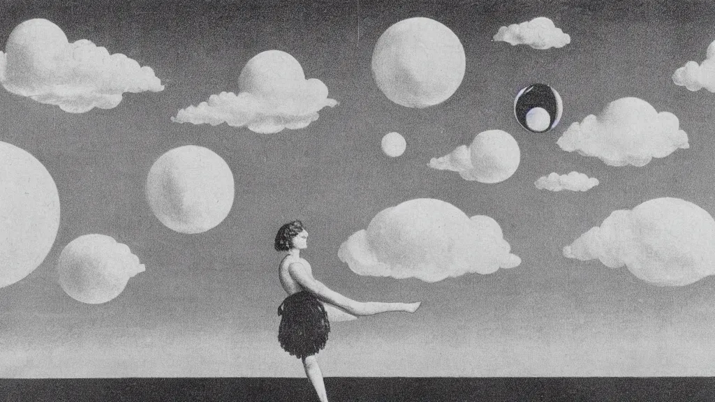 Prompt: A vintage scientific illustration from the 1970s of a choreography for people who can float on the moon by René Magritte