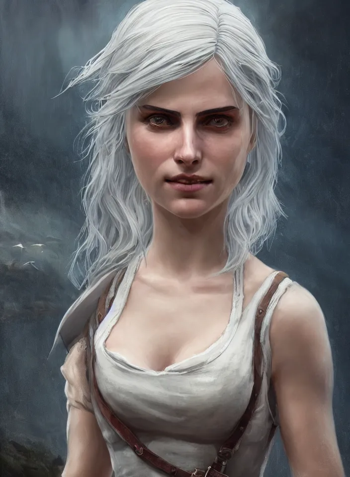 Prompt: a half portrait of ciri from the witcher 3 wearing a white sundress in fallout 4, platinum hair, fantasy setting, beautiful face, warm colors, serene lighting, atmospheric, cinematic, moody, in the style of diego koi, gina heyer, luiz escanuela, art by alyssa monk, hyperrealism, rule of thirds, golden ratio, oil on canvas, 8 k