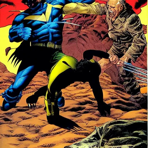 Prompt: wolverine fighting bruce willis, painted by richard corben,