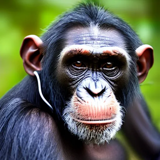 Prompt: a chimpanzee with a pensive look, wearing headphones