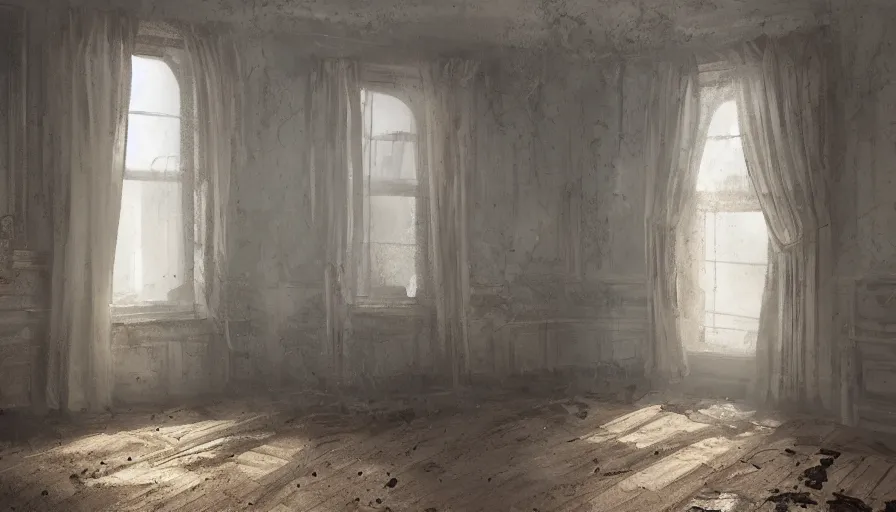 Image similar to old victorian house with dusty floor, cracked wall, broken doors and broken windows, dirty old white curtains, flying dust particles, light through windows, dirty floor, old paintings, hyperdetailed, artstation, cgsociety, 8 k