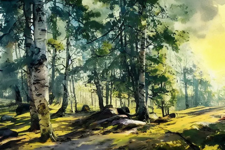 Prompt: paint brush strokes, abstract watercolor painting of swedish village, birch trees, ambient lighting, art by hans dahl, by jesper ejsing, art by anders zorn, wonderful masterpiece by greg rutkowski, cinematic light, american romanticism by greg manchess, creation by tyler edlin