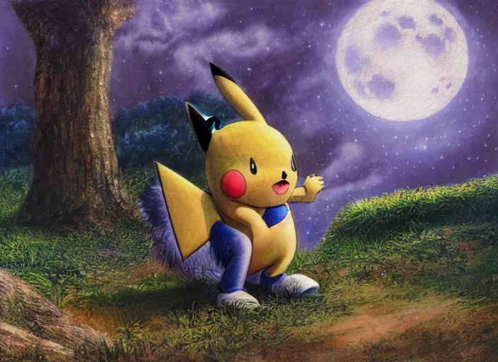 Prompt: kirby, Pikachu and sonic the hedgehog hybrid in the Shire by Alan Lee, moonlight, concept art, detailed clothing, art station, oil painting