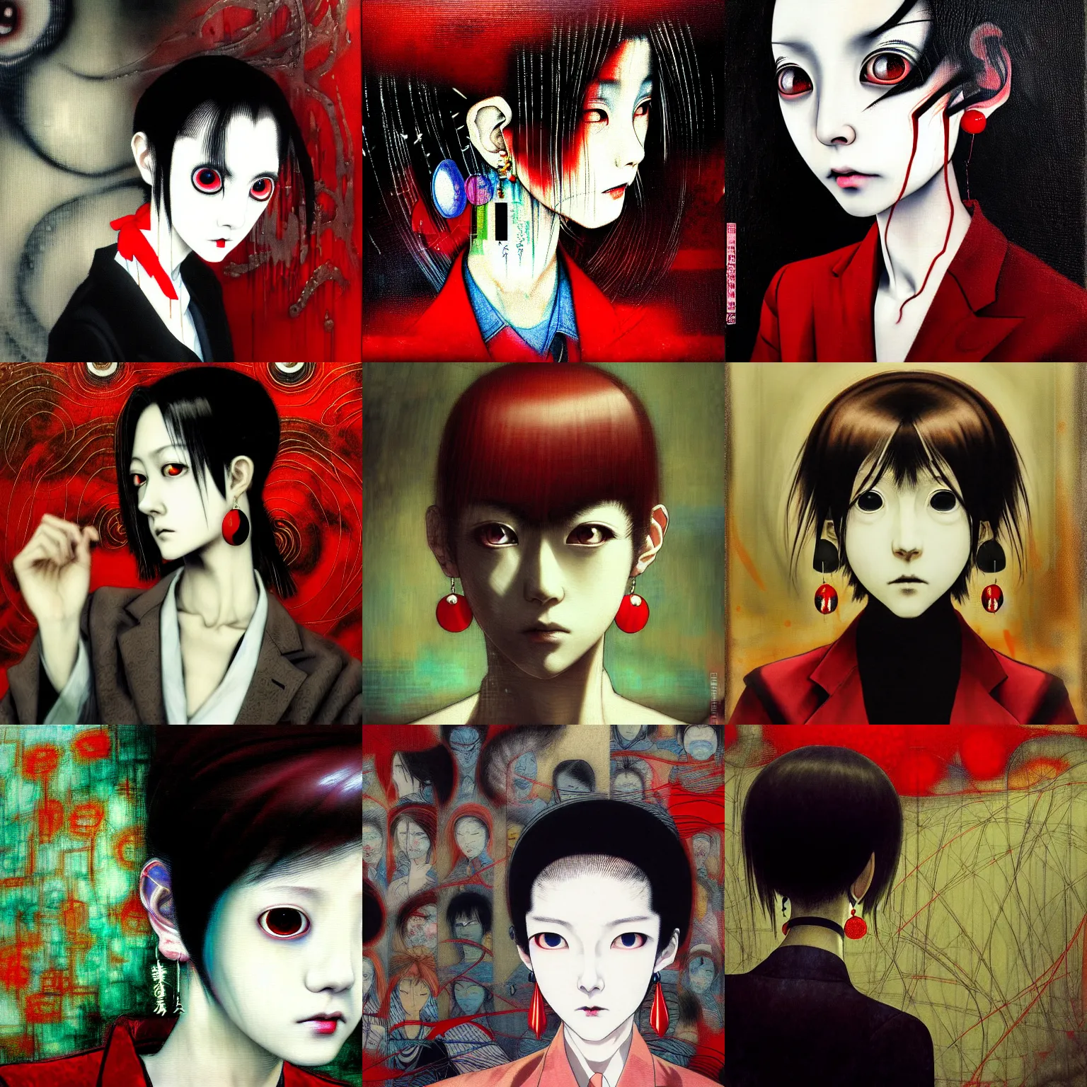 Image similar to yoshitaka amano blurred and dreamy realistic three quarter angle horror portrait of a sinister young woman with short hair, big earrings and red eyes wearing office suit with tie, junji ito abstract patterns in the background, satoshi kon anime, noisy film grain effect, highly detailed, renaissance oil painting, weird portrait angle, blurred lost edges