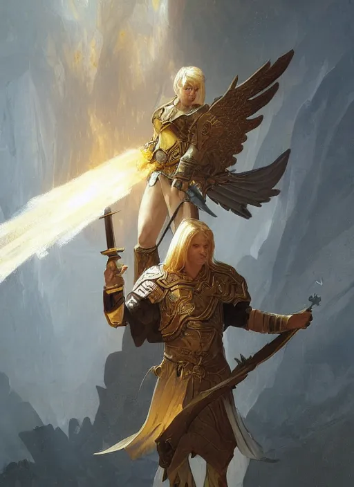 Prompt: portrait of a floating winged aasimar paladin blond young man with amber eyes, wielding a flaming sword, strong, sofisticated, fantasy, highly detailed, digital painting, artstation, concept art, character art, art by greg rutkowski and tyler jacobson and alphonse mucha